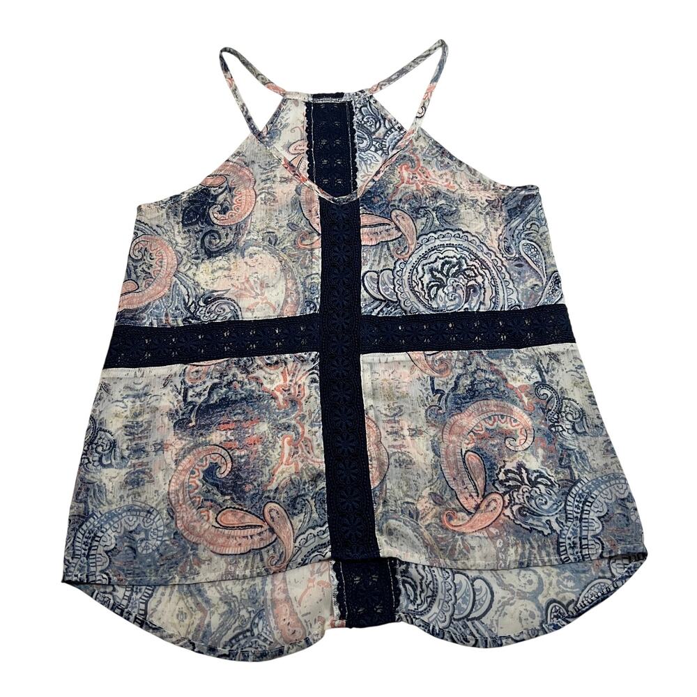 Women's Sleeveless V-Neck Crochet Trim Paisley Print Tank Size S Festival Casual